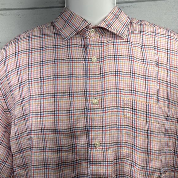 Peter Millar Men's Plaid Button Front Shirt Short Sleeve Linen Pink Size Large - Picture 2 of 9